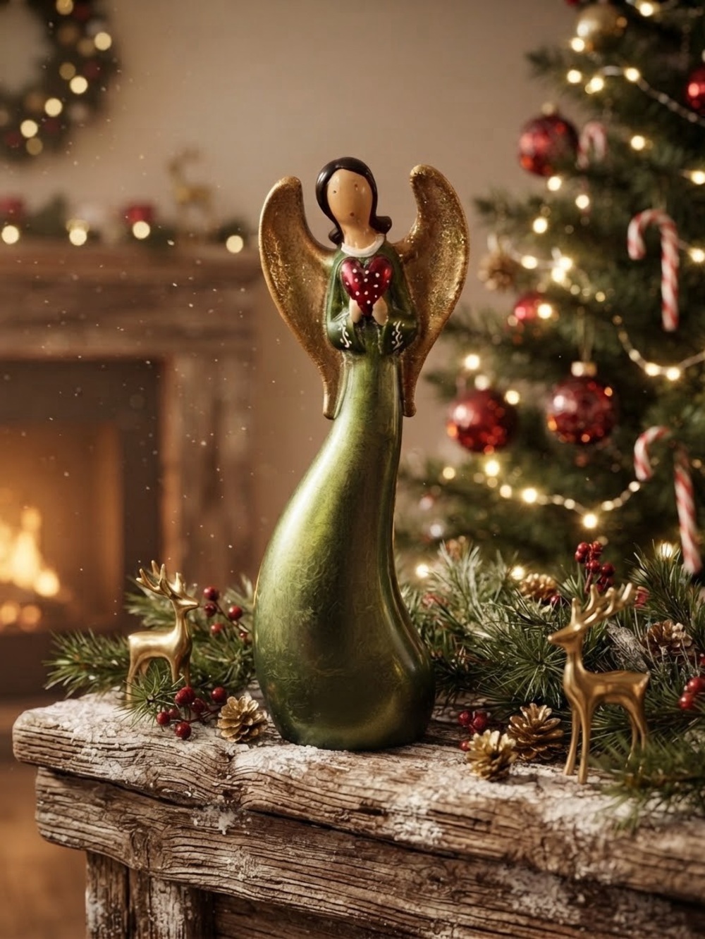 St. Nicholas Square ceramic angel figurine holding a red heart with white dots